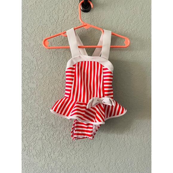 Circo Girls 9 Months Swimsuit One Piece White Red Striped Bow - Picture 1 of 4
